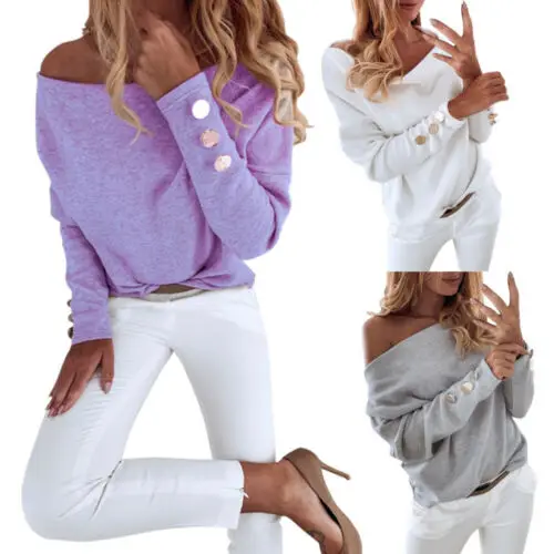 

2020 Fashion Trend Women's Off-Shoulder Slash Neck T-Shirt Long Sleeve Buttons Design Loose Casual Autumn Pre-fall Tees Tops