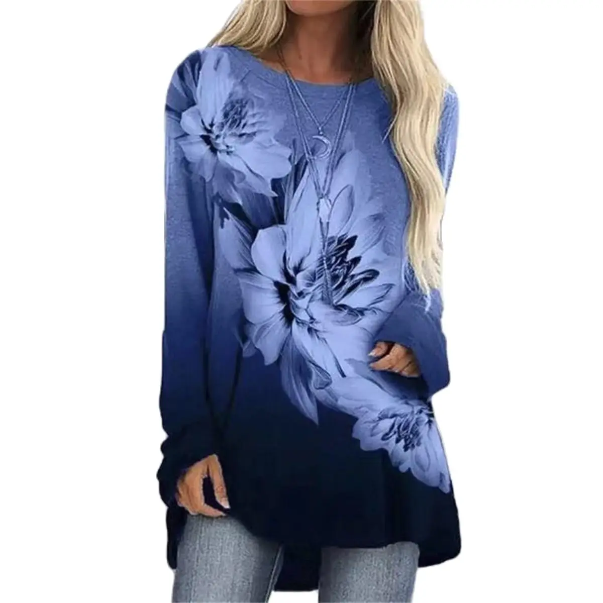

Женская свободная футболка с длинным рукавом, повседневный длинный пуловер с цветочным принтом и круглым вырезом, уличная одежда, осень 2021