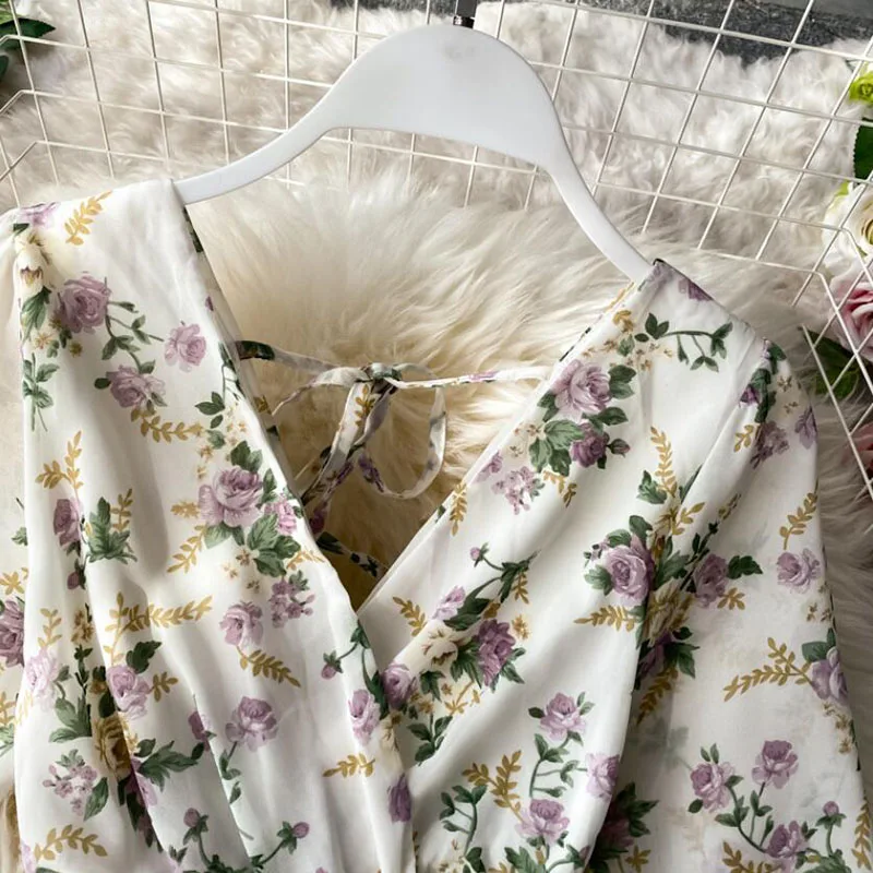 

2021 Floral Print Backless Bandage Dress Women Vintage Long Sleeve V-neck Elegant Dress Spring Summer A-line Party Dresses