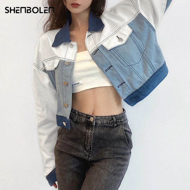 

Women Slim Frayed Patchwork Jeans Jacket Harajuku Lapel Long Sleeve Light Blue Short Denim Coat Casual Jaqueta Feminina