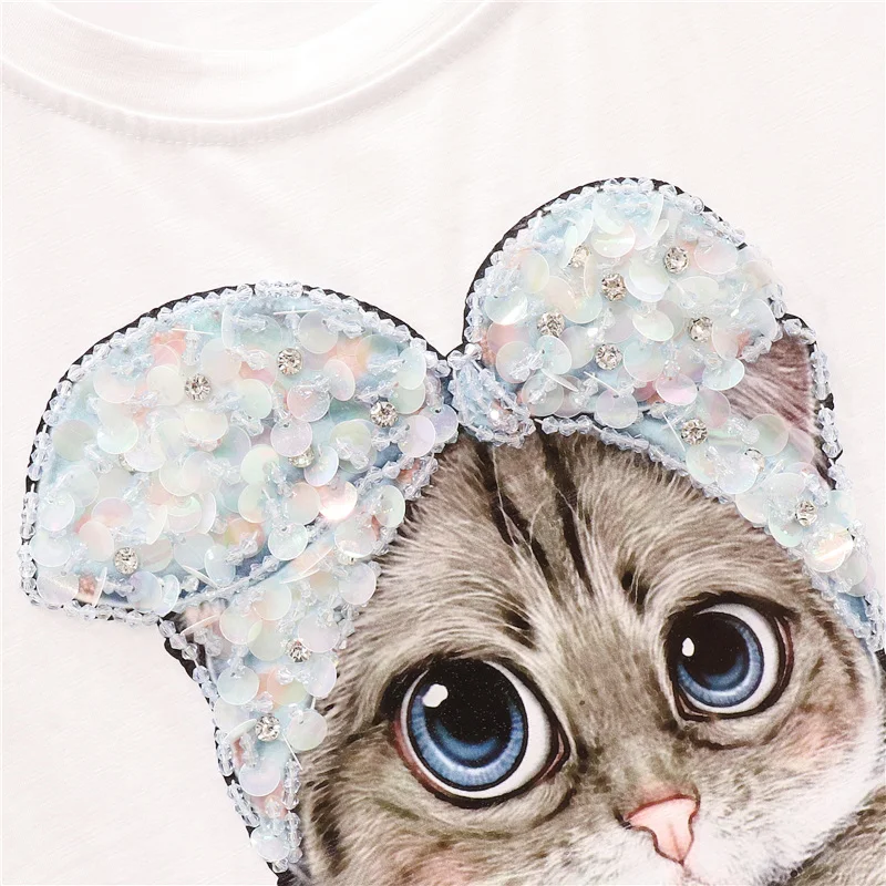 

Korean Summer Women Beading Sequins Cartoon Print T Ladies Loose Cotton Short sleeve O-Neck Tee shirt Female Casual Tops