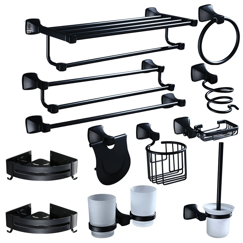

Black Bathroom Accessories Towel Rack Toilet Brush Toilet Paper Holder Hair Dryer Rack Shelves Soap Holder