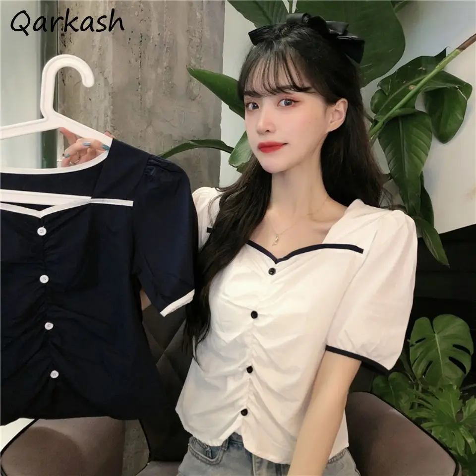 

Shirts Women Patchwork Vintage Summer Classy Female Ins Streetwear Basic Causal Square Collar Blusas College Students Button New