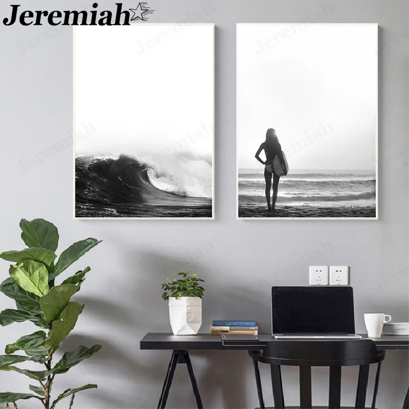 

Modern Fashion Seascape Canvas Poster Black and White Spray Beauty Painting Wall Art Nordic Living Room Home Decoration