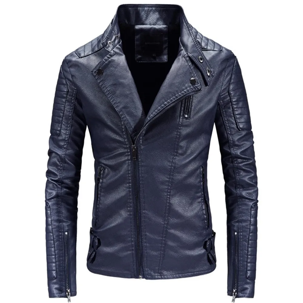 

2020 Autumn and Winter New Fashion LeisureMen's Solid Diagonal Zipper Ruched Stand Collar Slim Hip Hop Men's Leather Jacket