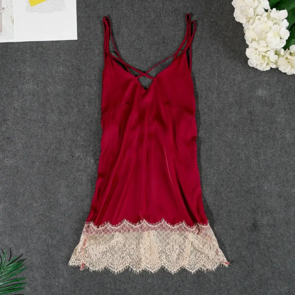 Женская ночная рубашка шелковое атласное кружевное лоскутное нижнее белье