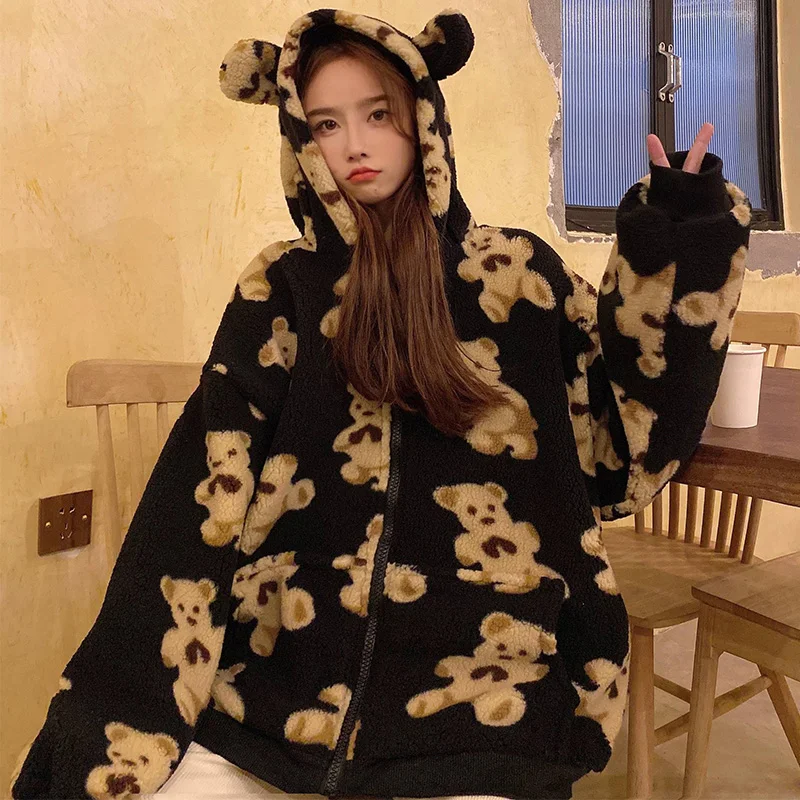 

New Autumn College Style Women Jacket Kawaii Bear Hoodies Female Harajuku Long-sleeved Thick Polar Fleece Coat Mujer