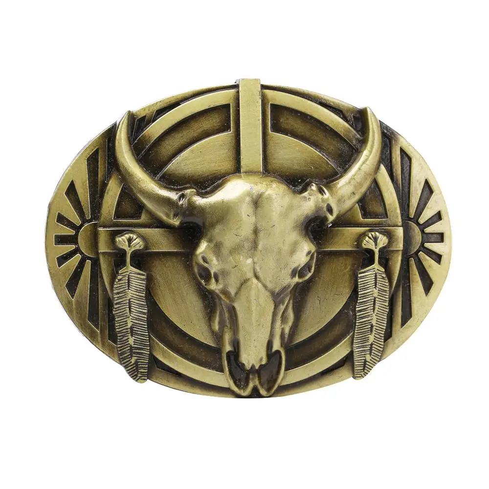 Ковбойский ремень в стиле вестерн металлический с пряжкой черепом Longhorn Buffalo