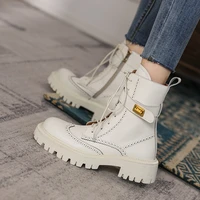 chunky heels elegant winter ankle boots cow leather brock carving women shoes casual lace up ladies handmade platform shoes