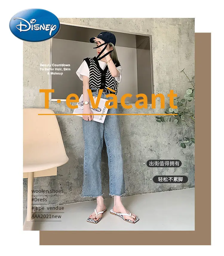 

Disney Mickey Mouse Girl Slippers Flip-Flops Outer Wear Square Toe Fashion All-match Flat Beach Sandals and Slippers