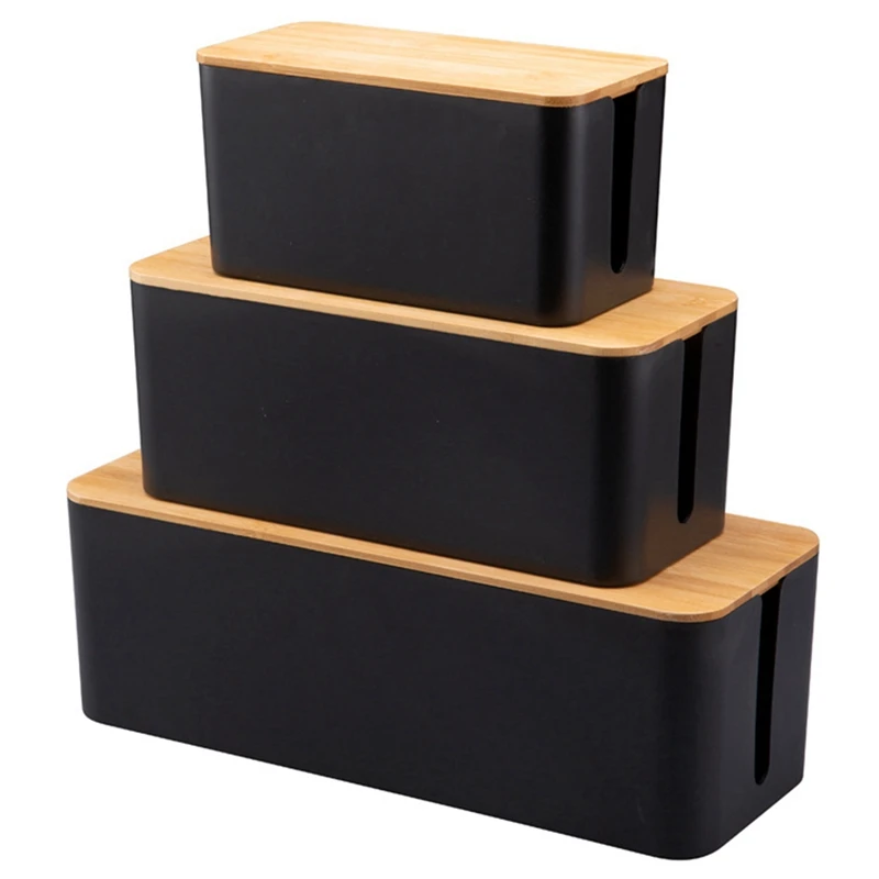 

3 Pcs Cable Storage Box Small Large Oversized Cable Storage Box with Bamboo Cover for Hiding Wires and Power Strips