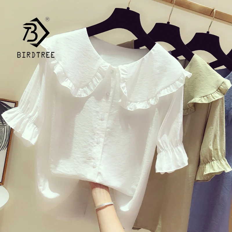 

2021 Summer New Women's Fashion Peter Pan Collar Slim Shirt Short Sleeve Casual Style Chiffon Blouse Female Tops T13122X