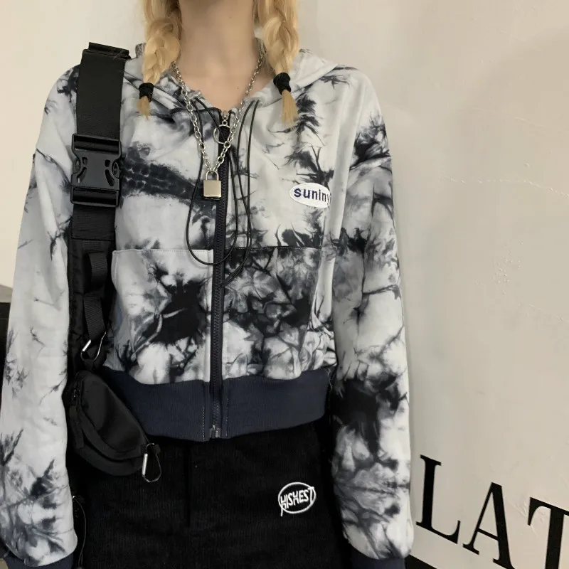

Harajuku Style Tie-dye Man and Women Hoodies Casual Loose Hooded Zipper Couple Hoodies Coat Long Sleeve Cardigan