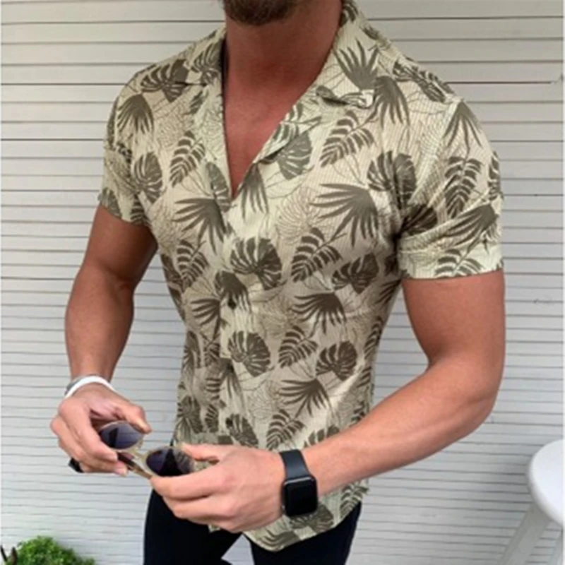 

Summer Men's Short Sleeve Shirt Personality Leaf Fashion Slim 3D Print Street Shirt