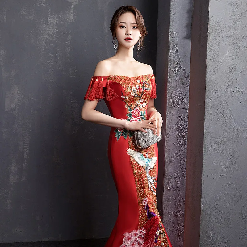 

Red Royal Embroidery Phoenix Cheongsam Mermaid Wedding Bridal Cheongsam Dress Chinese Evening Dress Suknia Wieczorowa