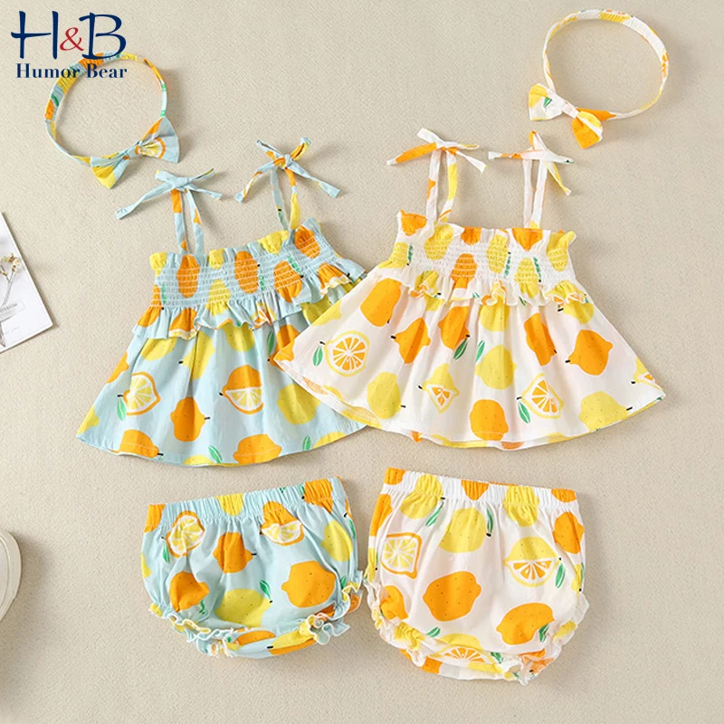 

Humor Bear Baby Clothes Set Summer New Sling Cartoon Fruit Printed Jumpsuit + Shorts +Hairband 3PCS Toddler Clothes