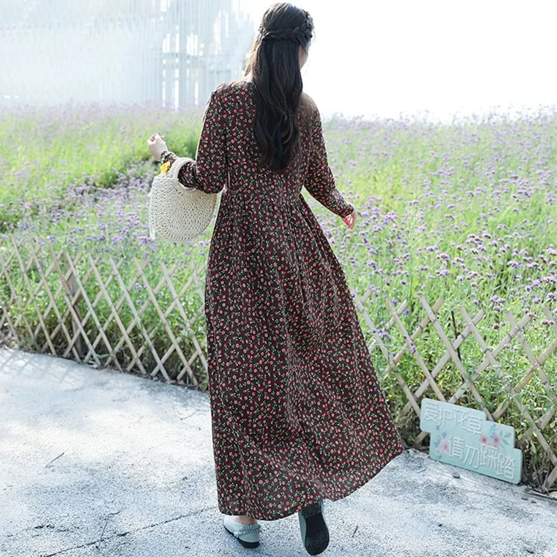 

Women Cotton Linen Vintage Long Dress New 2020 Autumn Arts Style Long Sleeve V-neck Print Female Loose Casual A-line Dress S1633