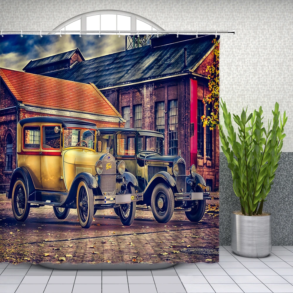 

Hot Sale Retro Car Shower Curtains Classic Old Car and House Bathroom Decor Home Bath Waterproof Polyester Curtain Set Cheap