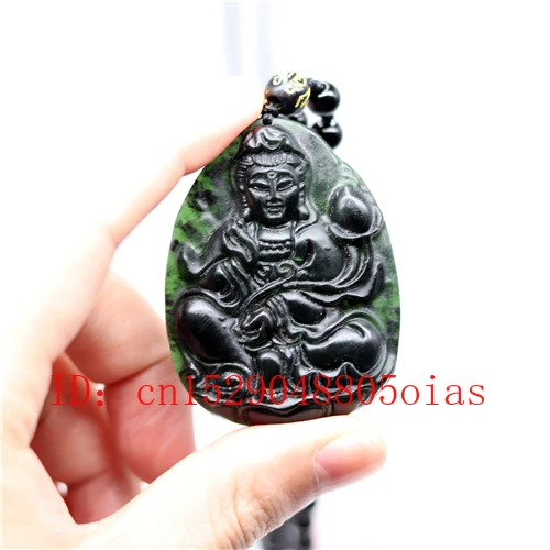 Природный черный зеленый нефрит обсидиан Гуаньинь кулон бусины ожерелье