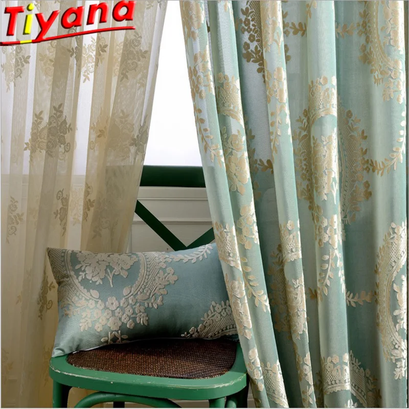 Европейские Роскошные жаккардовые занавески из пряжи для гостиной синие