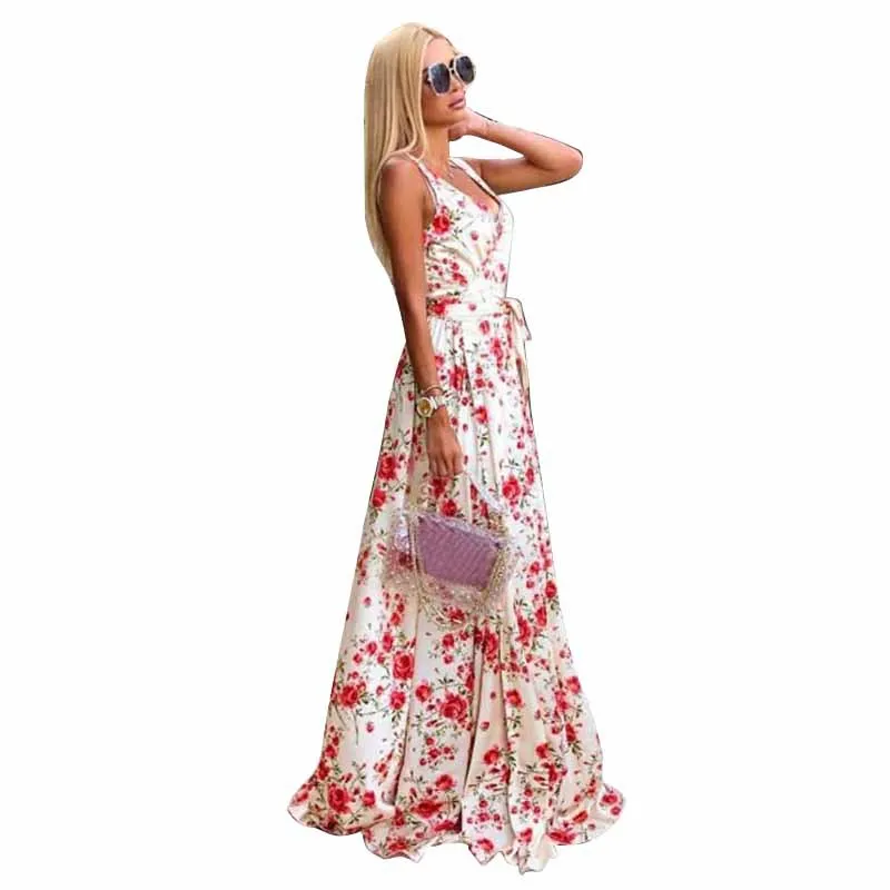 

2020 European and American foreign trade new women's dress wish Amazon sexy sleeveless drawstring print dress