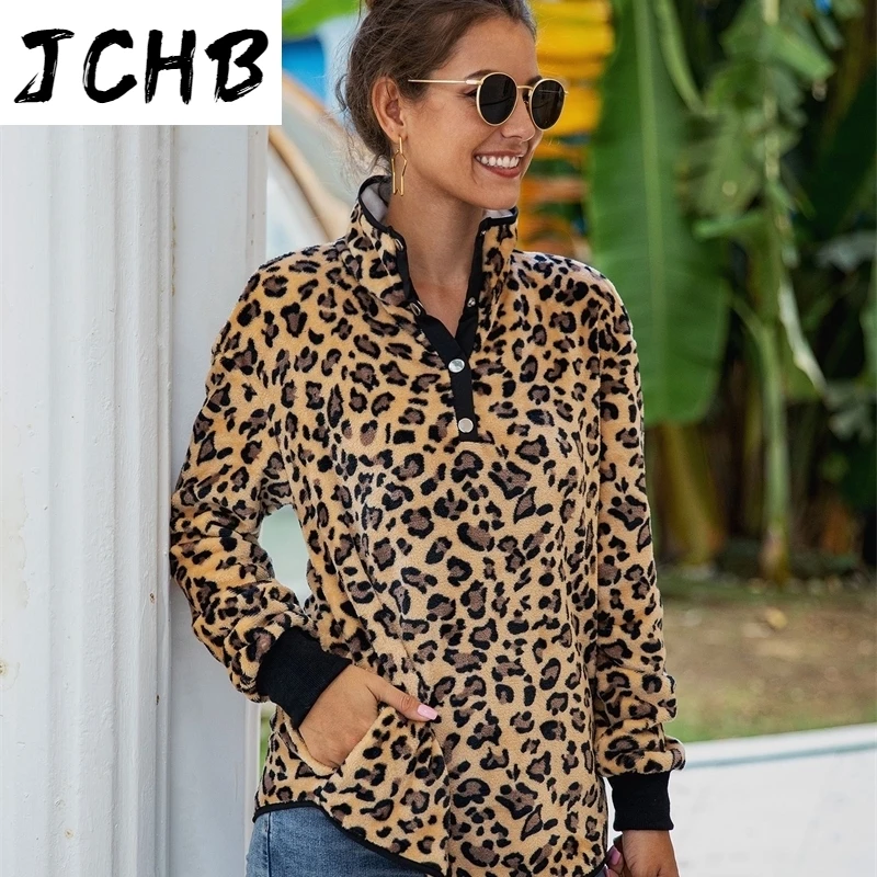 

Collar Stand Button Long Sleeve Casual Leopard Sweatshirts with Pockets Warm Winter Clothes Loose Hoodies Women Streetwear 2021