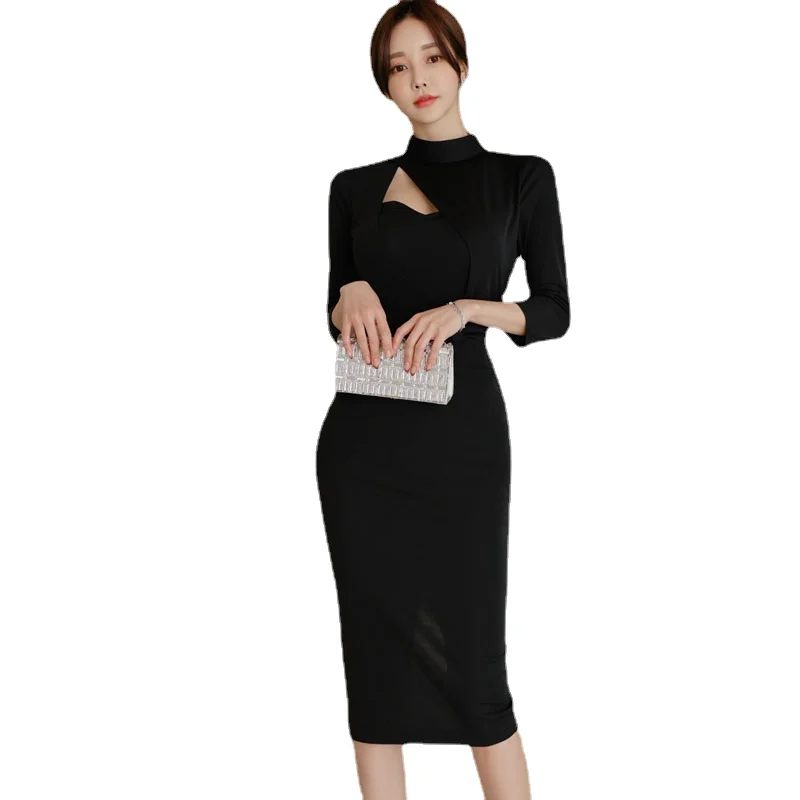 

Новое корейское модное женское платье, облегающее платье средней длины с высоким воротником и длинным рукавом, осенние элегантные однотонн...