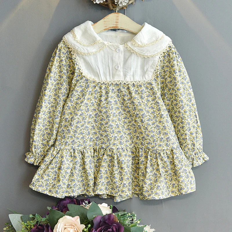 

Dress For Girls Fashion Floral Long-sleeve Lapel Stitching Children's Dress New Kids Clothes Cute Spring Autumn Dress