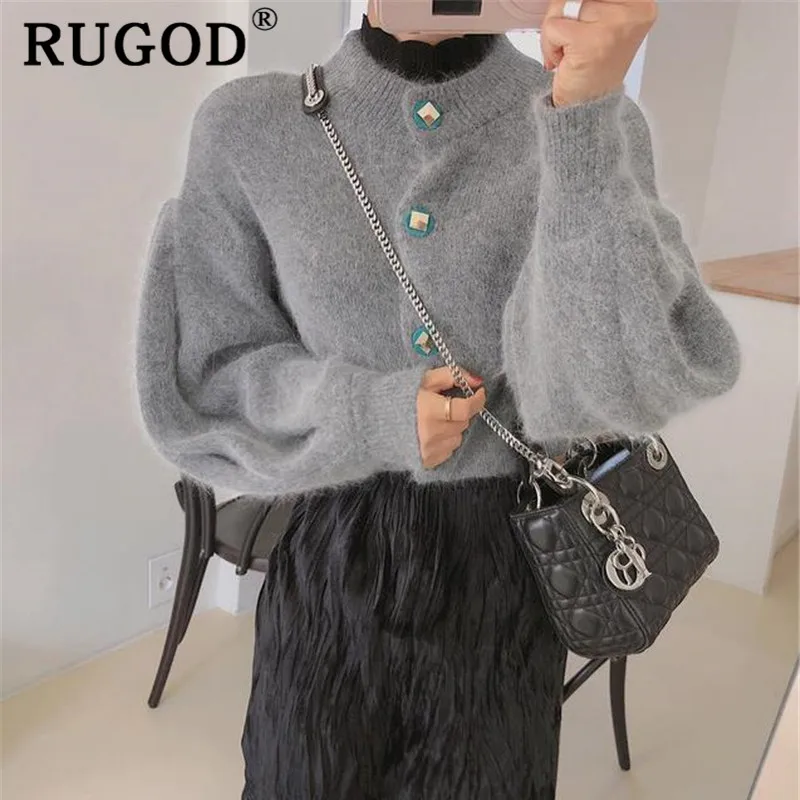 RUGOD корейский вязаный женский элегантный сладкий фонарь рукав зимнее теплое пальто женский модный однобортный свитер