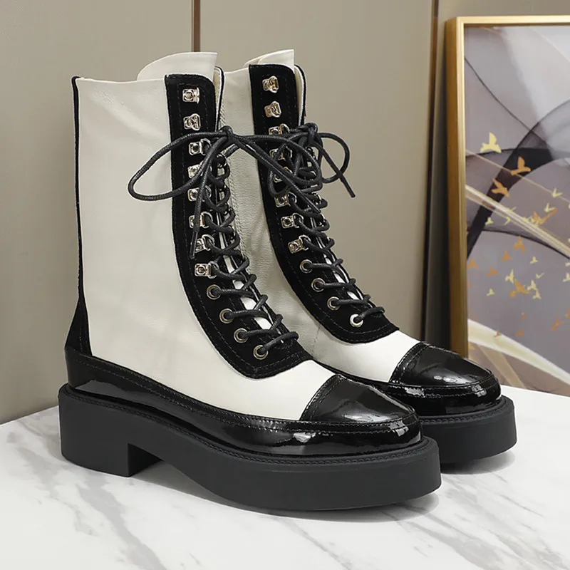 

Cross Tied Woman Boots Mixed Color British Boots Square Heels Shoes Women Leather Ladies Shoes Fashion Elegant Female Boots Hot