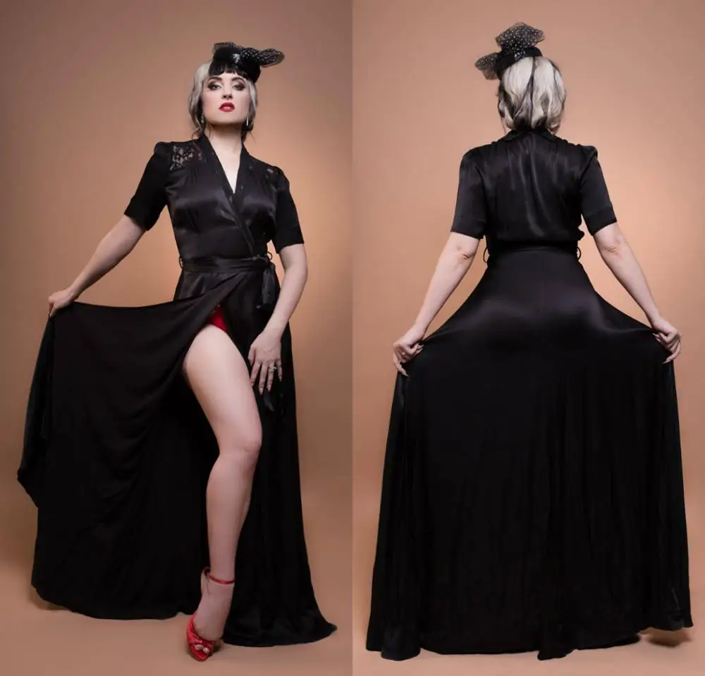 Женское длинное шелковое кимоно халат для сна с кружевом черный 2020|Платья