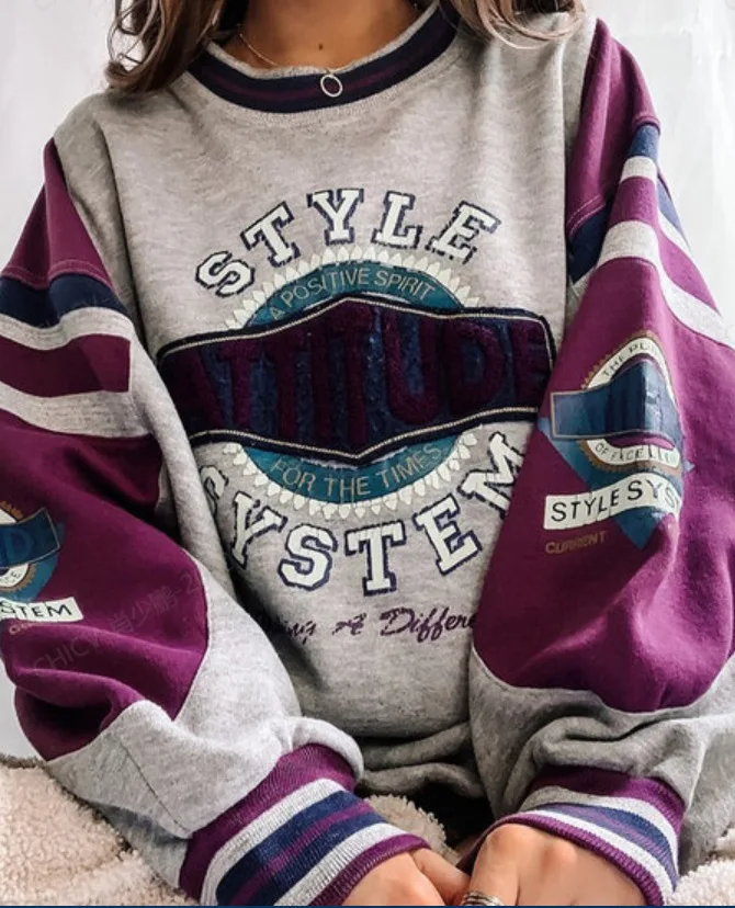 

Autumn Women Casual Y2K Loose Pullovers Ladies Female Loose Variegated Color Letters Printed Pattern O-Neck Tops Sweatshirts