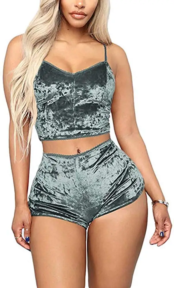 

Women's Velvet 2 Piece Outfit Spaghetti Strap Sleeveless Crop Top+ Shorts Set Sleepwear Pajamas Set