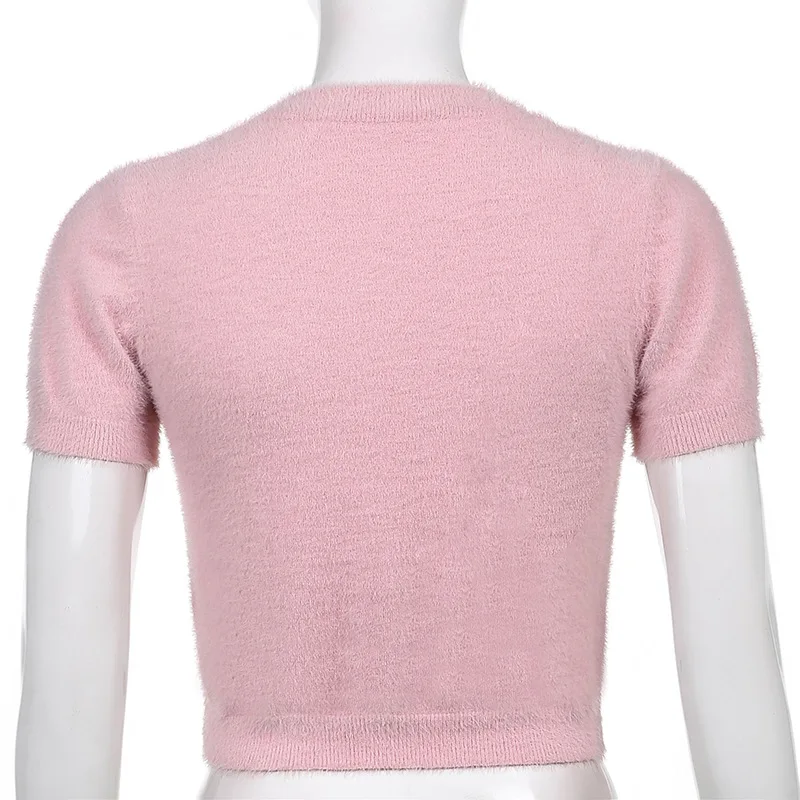 

ALLNeon 2000s Aesthetics Heart Graphic Pink Knitted Crop Tops Y2K Fashion Cute O-neck Short Sleeve Pullovers Vintage Slim Summer