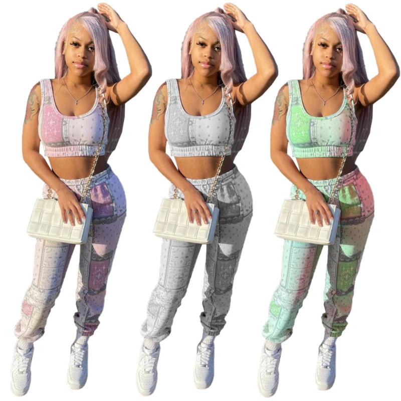 

Paisley Printed Two Piece Set Tank Crop Top Palazzo Pants Matching Sets Casual Activewear Summer Style 2021 Sweat Suit Clothing