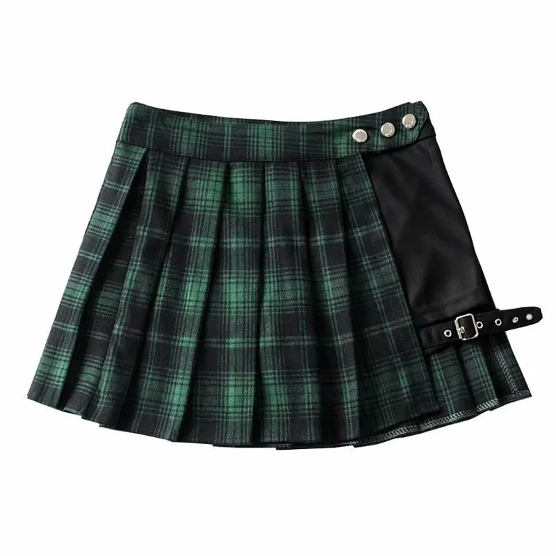 

Summer Women Harajuku Shorts Skirts Gothic Punk Green Plaid Pleated Skirts High Waist Female Fashion Short Skirts