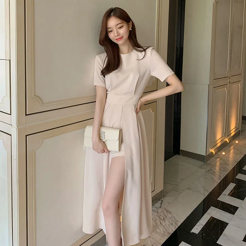 

Elegant Summer Dress Women O-Neck Short Sleeve Casual Split Long Midi Dress Chic Korean Party Dress High Waist Vintage C519