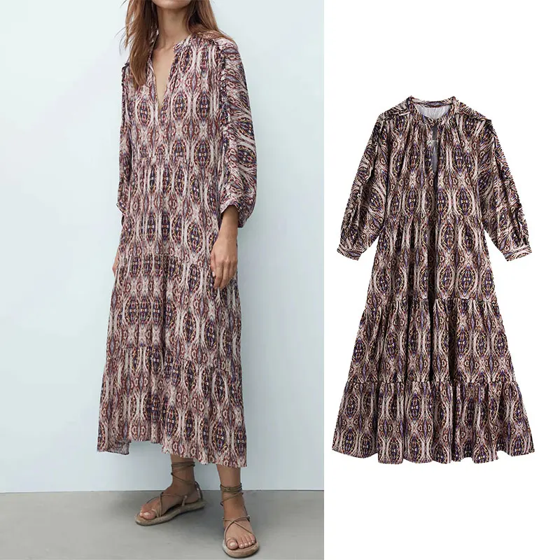 

Женское свободное платье-миди Za, Элегантное длинное вечернее платье большого размера с принтом и V-образным вырезом, осень 2021