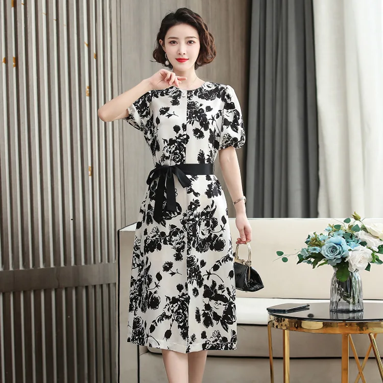 

Acetic acid dress women's 2021 summer dress new style slim waist V-neck printing lady temperament skirt