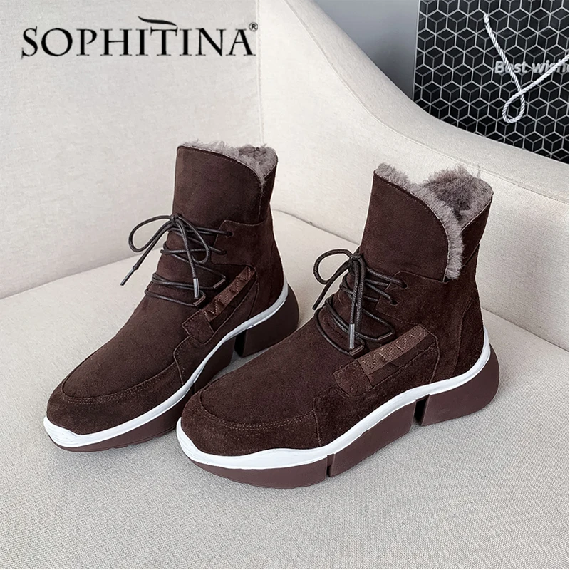 SOPHITINA/модные зимние ботинки Новая удобная обувь из высококачественной коровьей замши на шнуровке с круглым носком на танкетке очень теплые женские ботинки, PO313