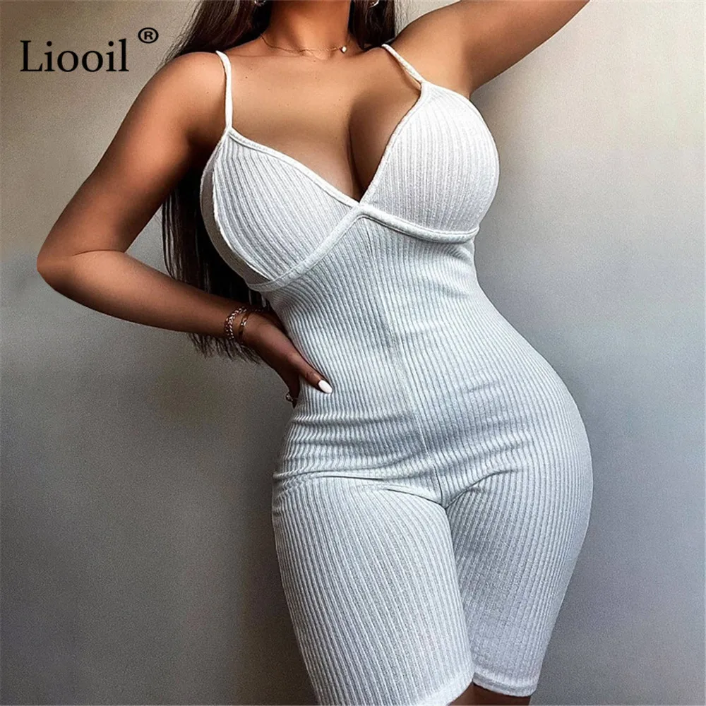 

Женский трикотажный комбинезон в рубчик Liooil, белый Облегающий комбинезон без рукавов, трикотажный комбинезон с V-образным вырезом, женский ...