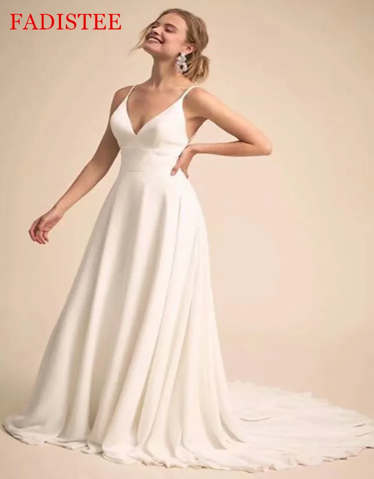 

Шифоновое длинное свадебное платье-трапеция, пикантное кружевное платье невесты с V-образным вырезом, без рукавов, на спине