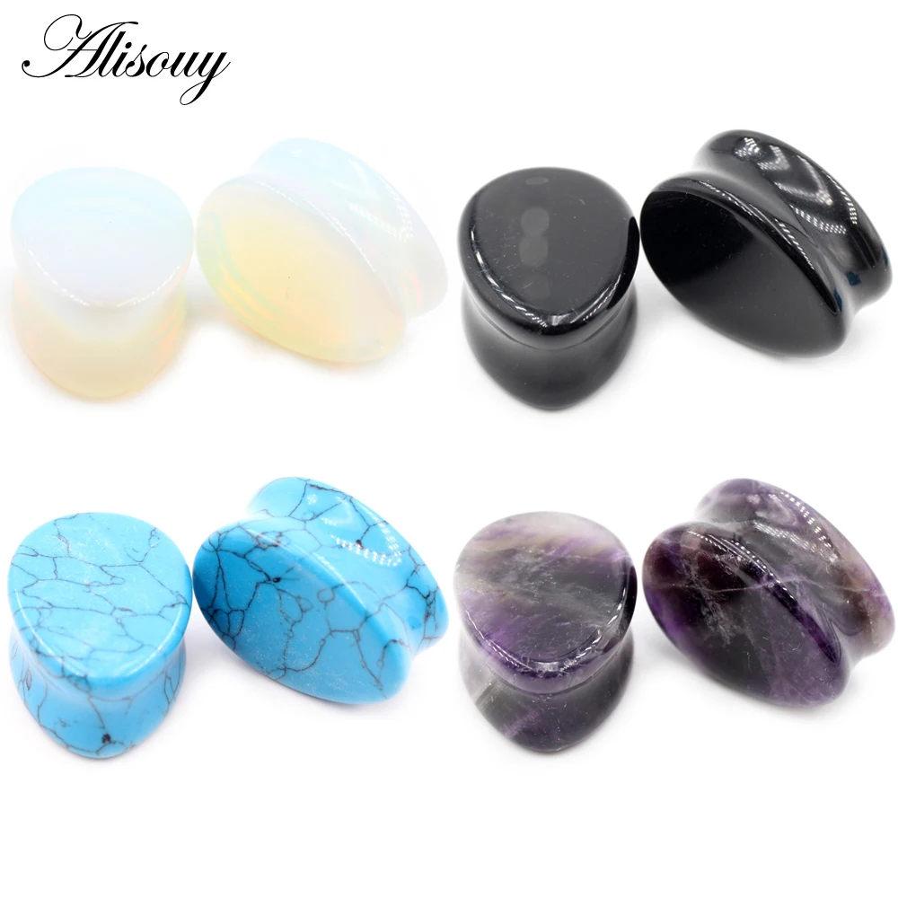Alisouy 2pcs Natural Stone Water Drop Teardrop Ear Plugs Tunnels Expanders Stretcher Ear Earring Gauges Body Piercings Jewelry
