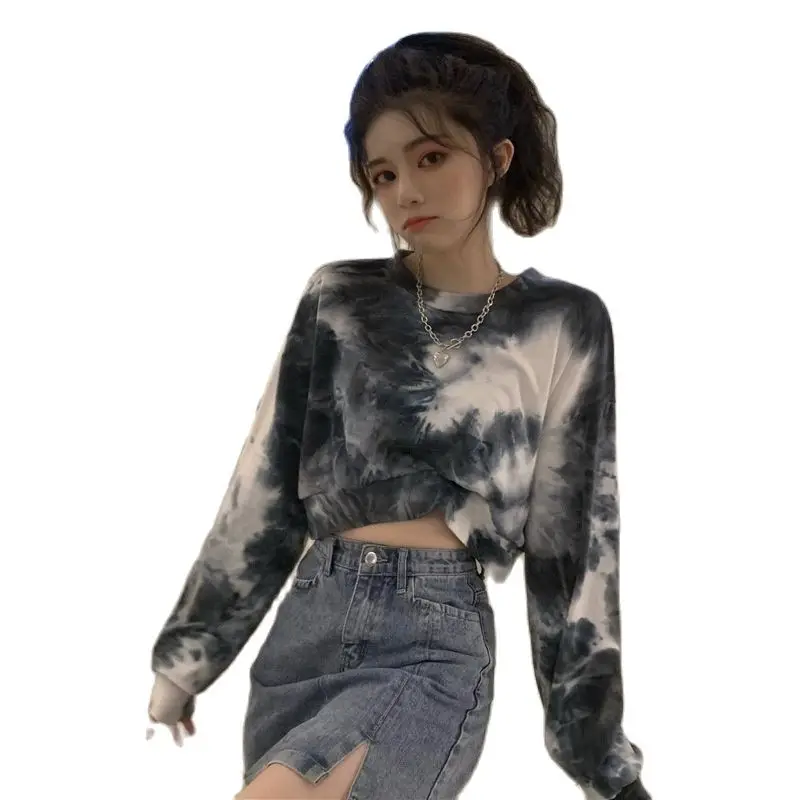 

Niche tie-dyed round neck loose thin short long-sleeved sweater women 2021 crop tops t shirt for women punk y2k shirt Tees Tops