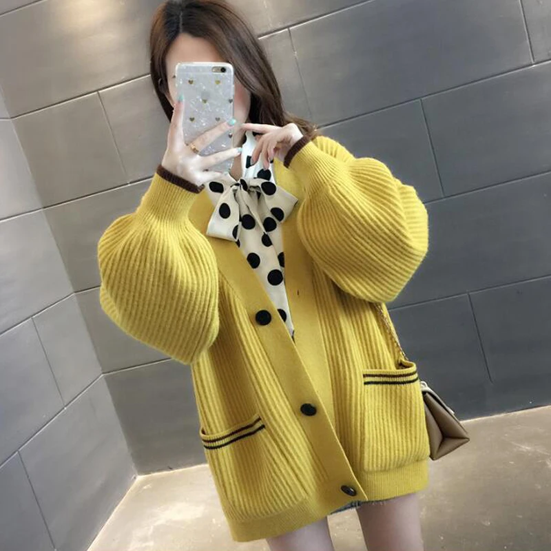 Hirsionsan Sweater Women Autumn Knitted Long Cardigans Korean Solid V-neck Big Pocket Clothes Loos Warm Jumper Femme Tops |