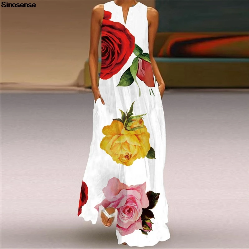 

Women's Casual Loose Pocket Long Dress Sexy Sleeveless Tunic Tank A Line Summer Boho Floral Dress Beach Party Maxi Dresses 5XL