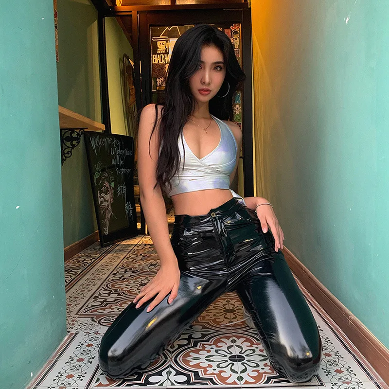 BOOFEENAA сексуальные голографические топы на бретелях с открытой спиной бандажный