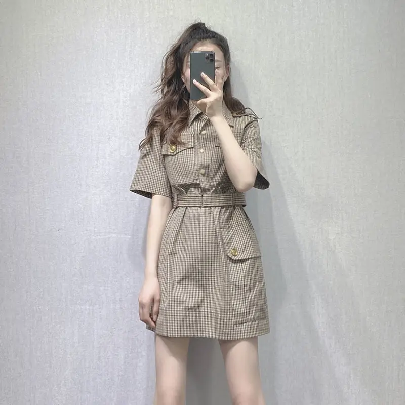 

Small work dress children's short 2021 summer new short sleeve retro Plaid Dress