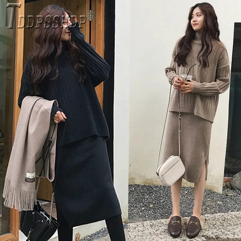 

2019 Thick Knitting Women Sets Sweater And Knitting Dress Female Sets