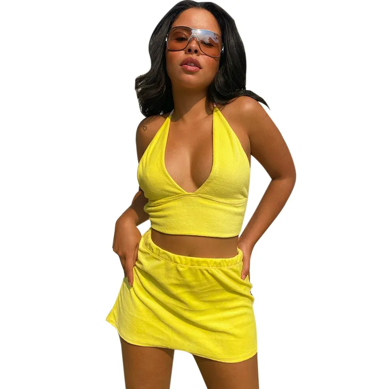 

Women's Two Piece Sets 2021 New Sexy Fashion Streetwear Solid V-Neck Lace-Up Vest Halter Short Skirt Suit Female Summer Club Set